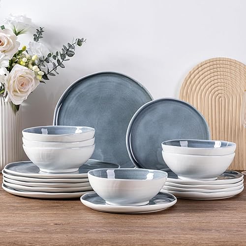 LERATIO Ceramic Dinnerware Sets for 4,Porcelain Plates and Bowls Sets with Wavy Edge,Microwave & Dishwasher & Oven Safe,Light Weight & Scratch Resistant Dishes Sets-Service for 4-Jean blue (12pcs)