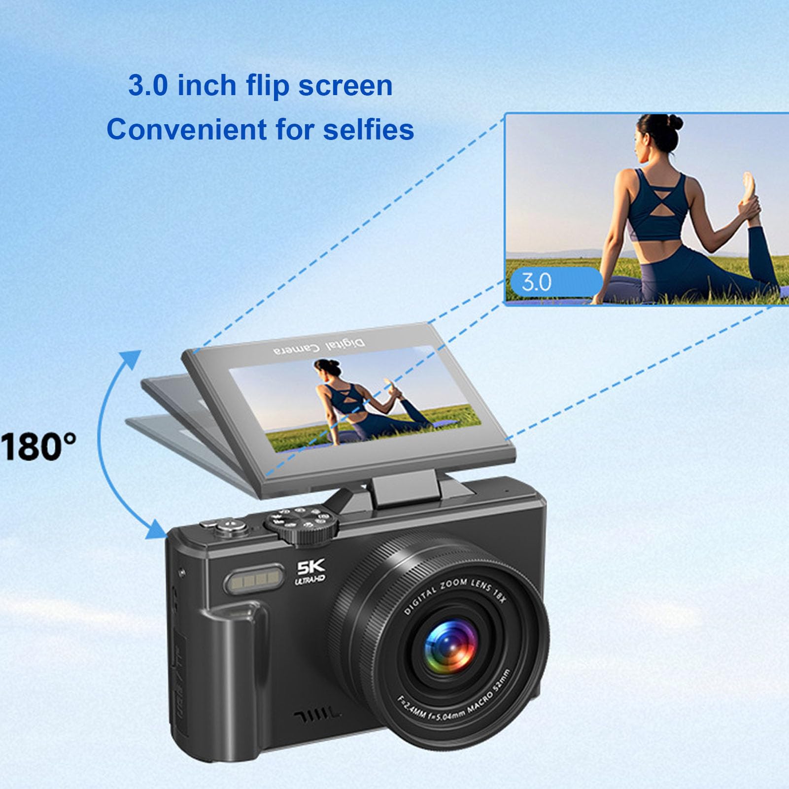 Camera Digitale 5k 75 MP con WiFi, Autofocus Zoom 18x, Schermo di Lancio da 3 Pollici, Fotocamera Vlogging con Carta da 32 GB