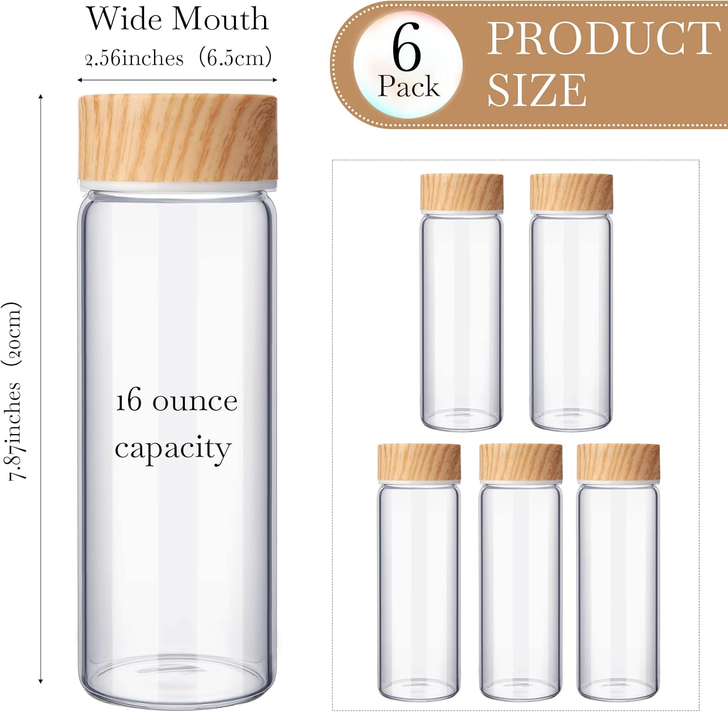 Zubebe 6 Pack 16 oz Glass Bottle with Lids Reusable Wide Mouth Juice Milk Drinking Glass Bottles Airtight Juicing Cups Leak Proof Water Jar for Juicing Tea Milk Beverage Storage - Image 2