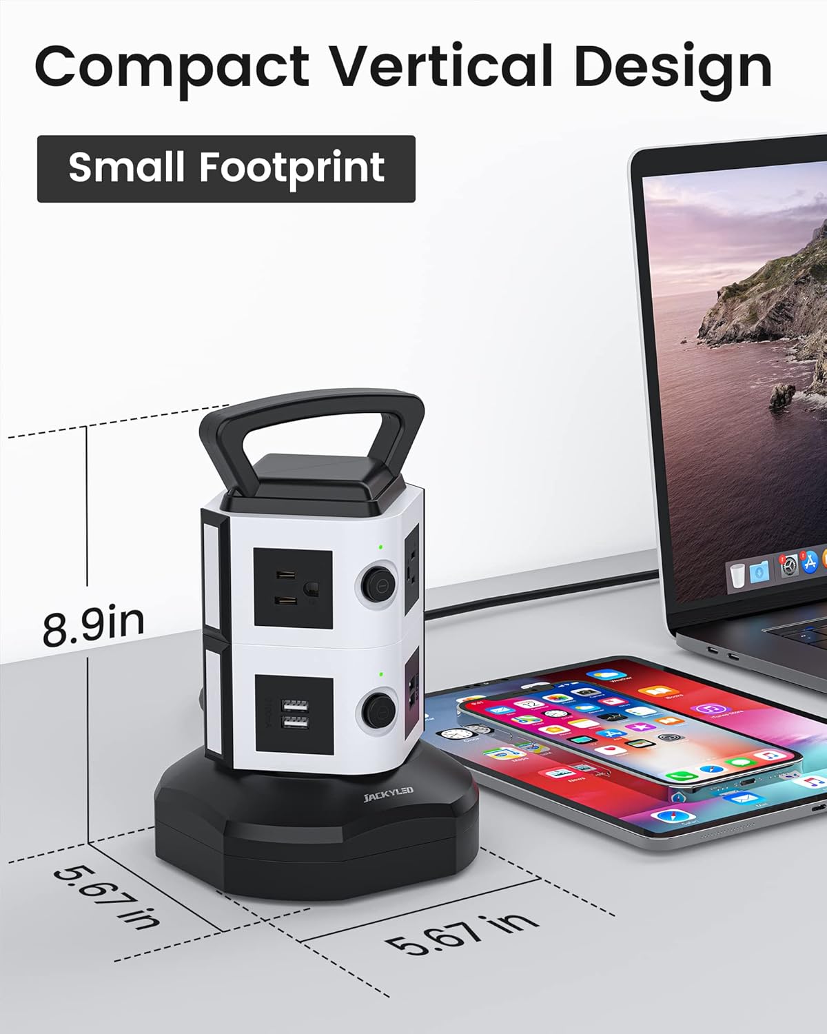 JACKYLED Power Strip Tower showing its compact vertical design