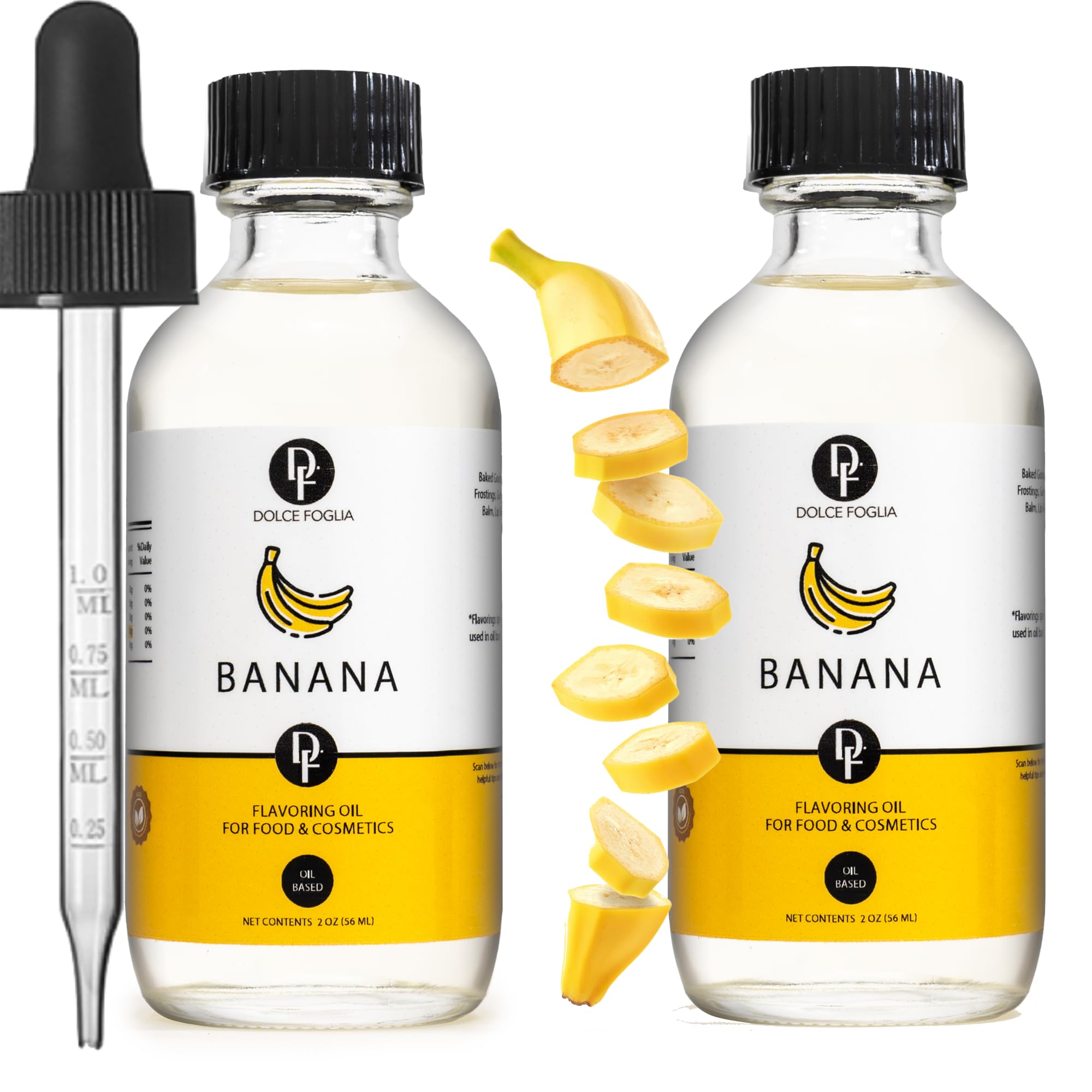 Dolce Flav Banana Extract – 2 Ounce Oil-Soluble Kosher, Sugar-Free, Concentrated Ripe Banana Flavoring for Baking, Smoothies & Ice Cream, Includes Measured Dropper, Pack of 2