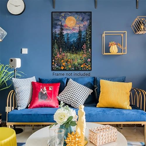 Miniatura 7 de Yuaruo Póster vintage de luna llena sobre las flores silvestres, lienzo místico de bosque de medianoche para pared, pintura al óleo retro de flores