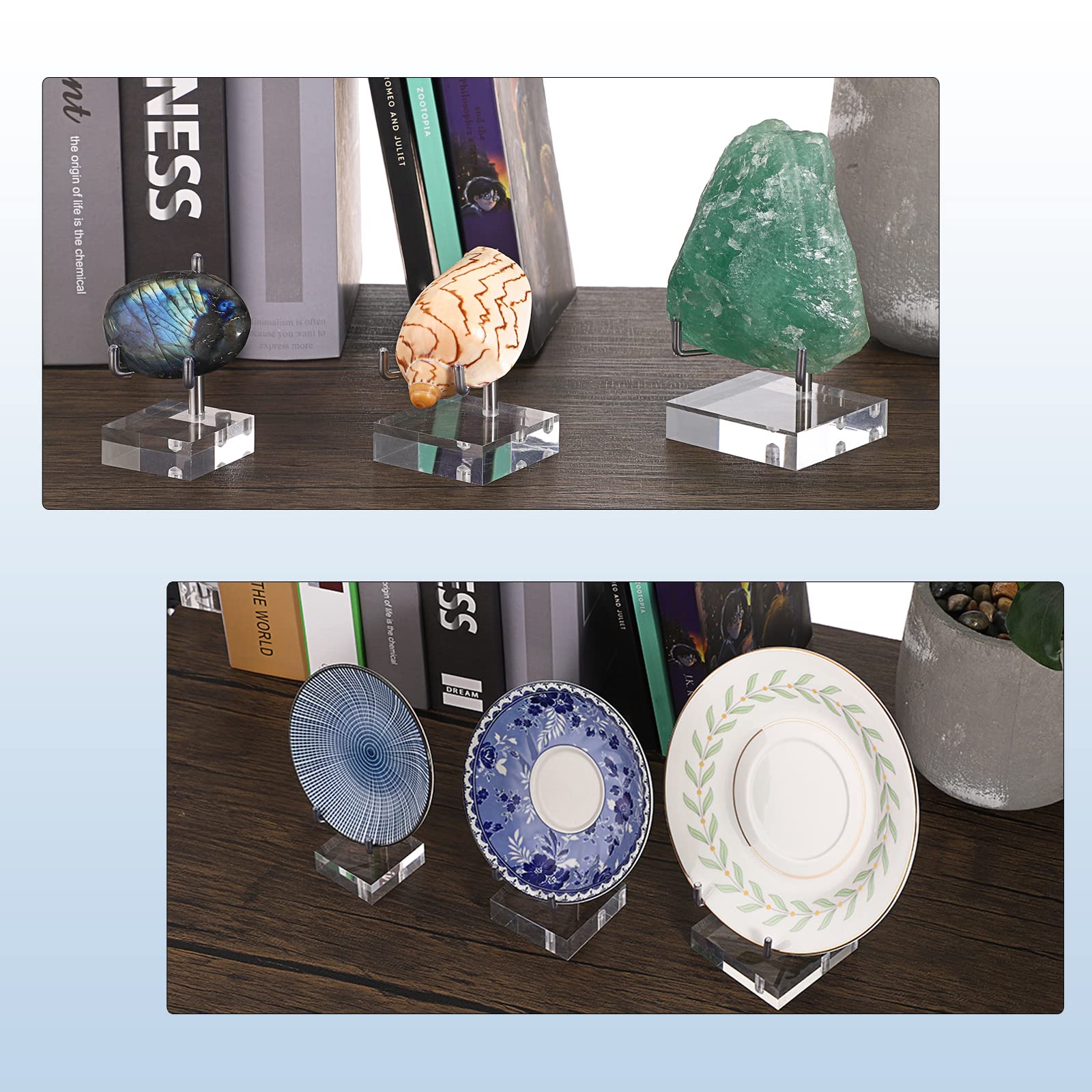 BTSKY Mini taille réglable, bras en métal argenté, chevalet avec base carrée en acrylique, support d'affichage pour géodes, minéraux de pierre, agate, pièce de corail fossile, EM0809