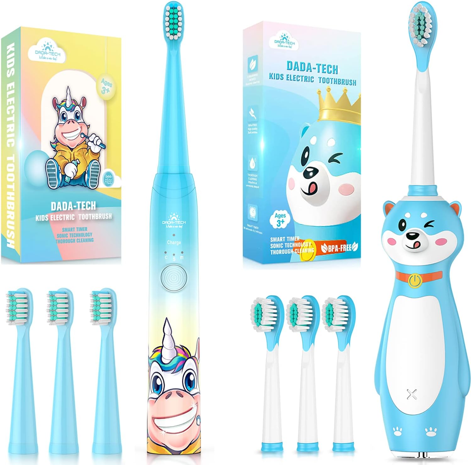 DADA-TECH Kids Electric Toothbrush Rechargeable Blue Age 3+ (Unicorn and Dog)