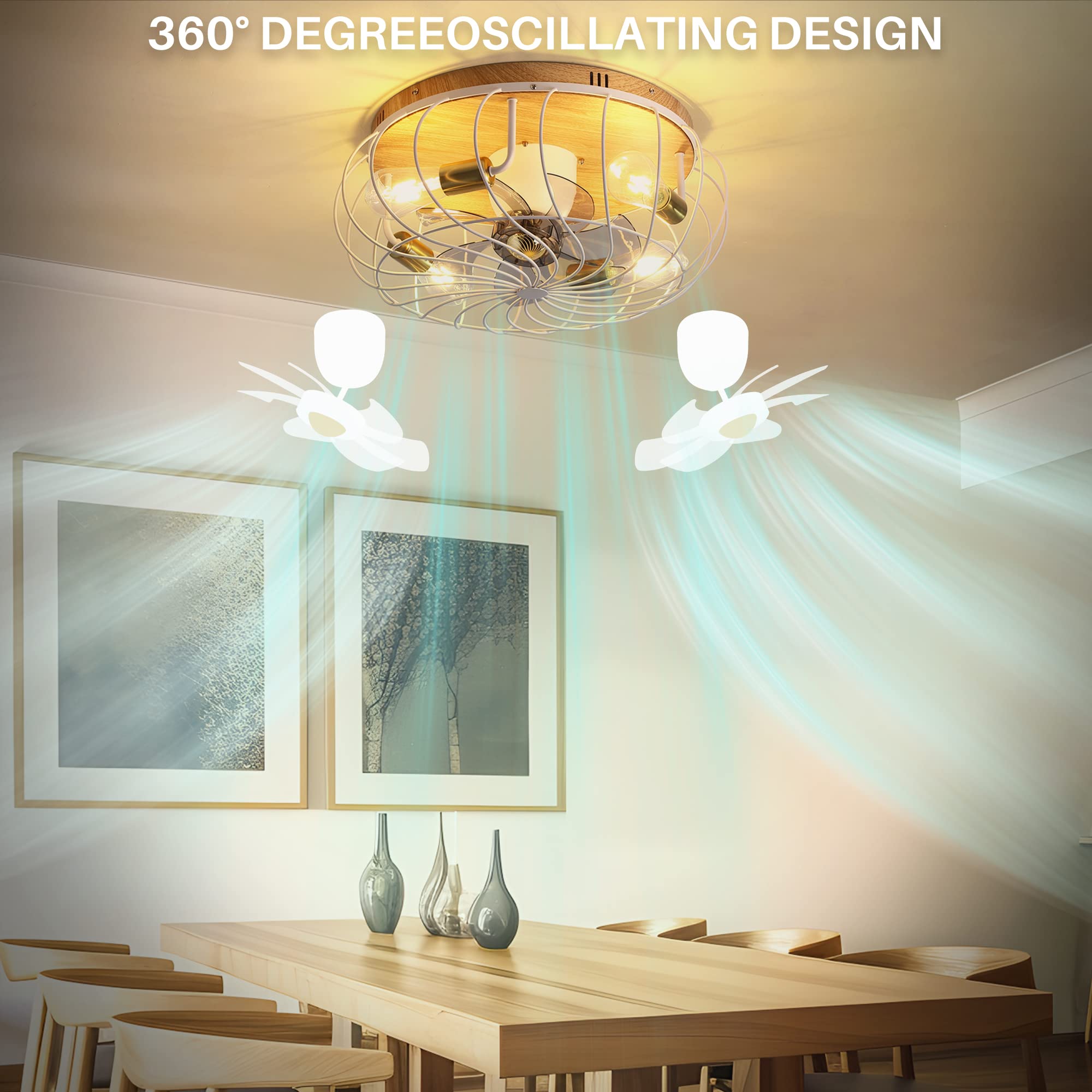 KINGTORO White Caged Ceiling Fans with Lights,360°Oscillating Low
