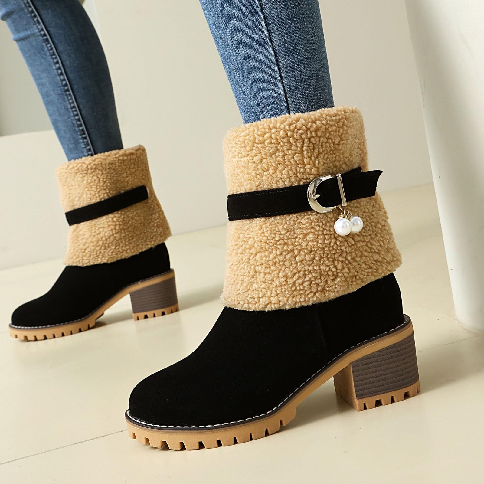 Generisch Stivaletti alla moda con colletto piegato, suola con plateau, comodi stivali invernali da donna, eleganti stivali a gambo corto con suola antiscivolo
