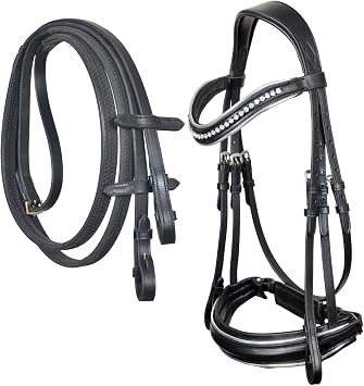 Horse Leather Dressage Snaffle English Bridle with Crystal Browband & Rubber Reins Horse Riding Equipment Premium Horse tack Equestrian Supplies, Custom Horse Bridle