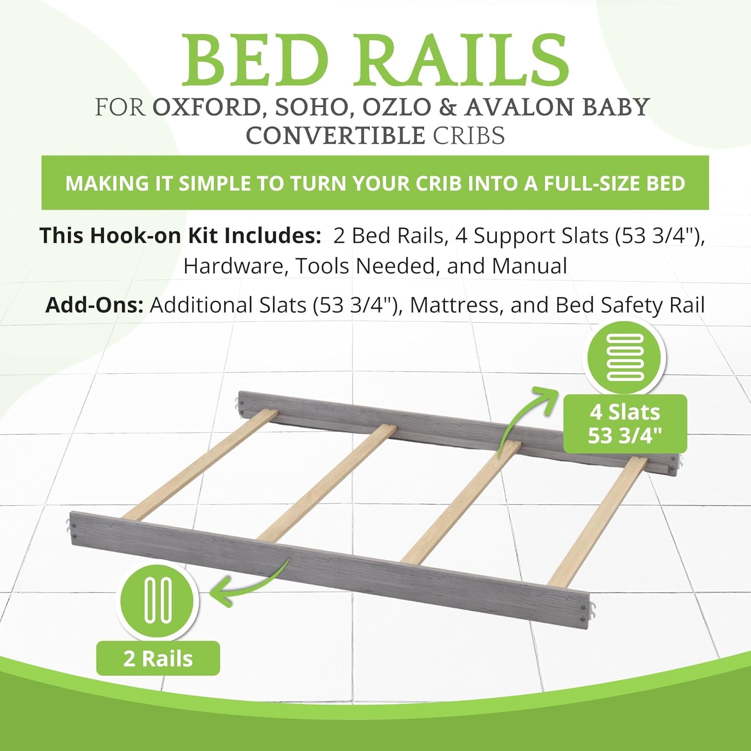 Full-Size Conversion Kit Bed Rails for Oxford, Soho, Ozlo & Avalon Baby Convertible Cribs - Solid Wood - Toddler and Adult Rail for Full-Size Bed - Nursery and Baby Furniture (Dusk Grey, Hook-On Kit)