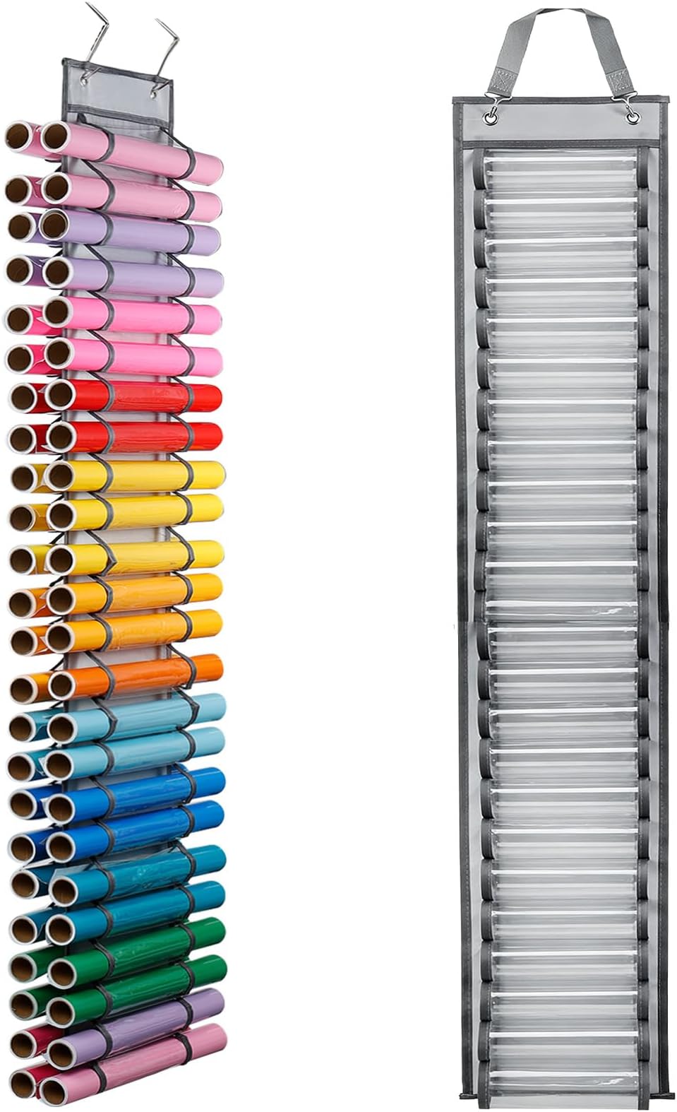 Vinyl Roll Holder with 48 Compartment, Hooks and Strap, Double Side Wall Mounting Vinyl Roll Storage Organizer for Gift Wrap, Craft Paper for Home Closet (Double Sided)