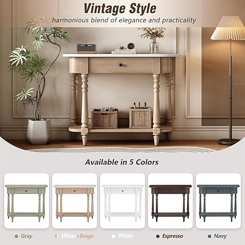 Miniatura 40 de Polibi Mesa consola curvada retro con estante de estilo abierto y 4 cajones superiores, mesa de entrada de media luna de 52 pulgadas de ancho con