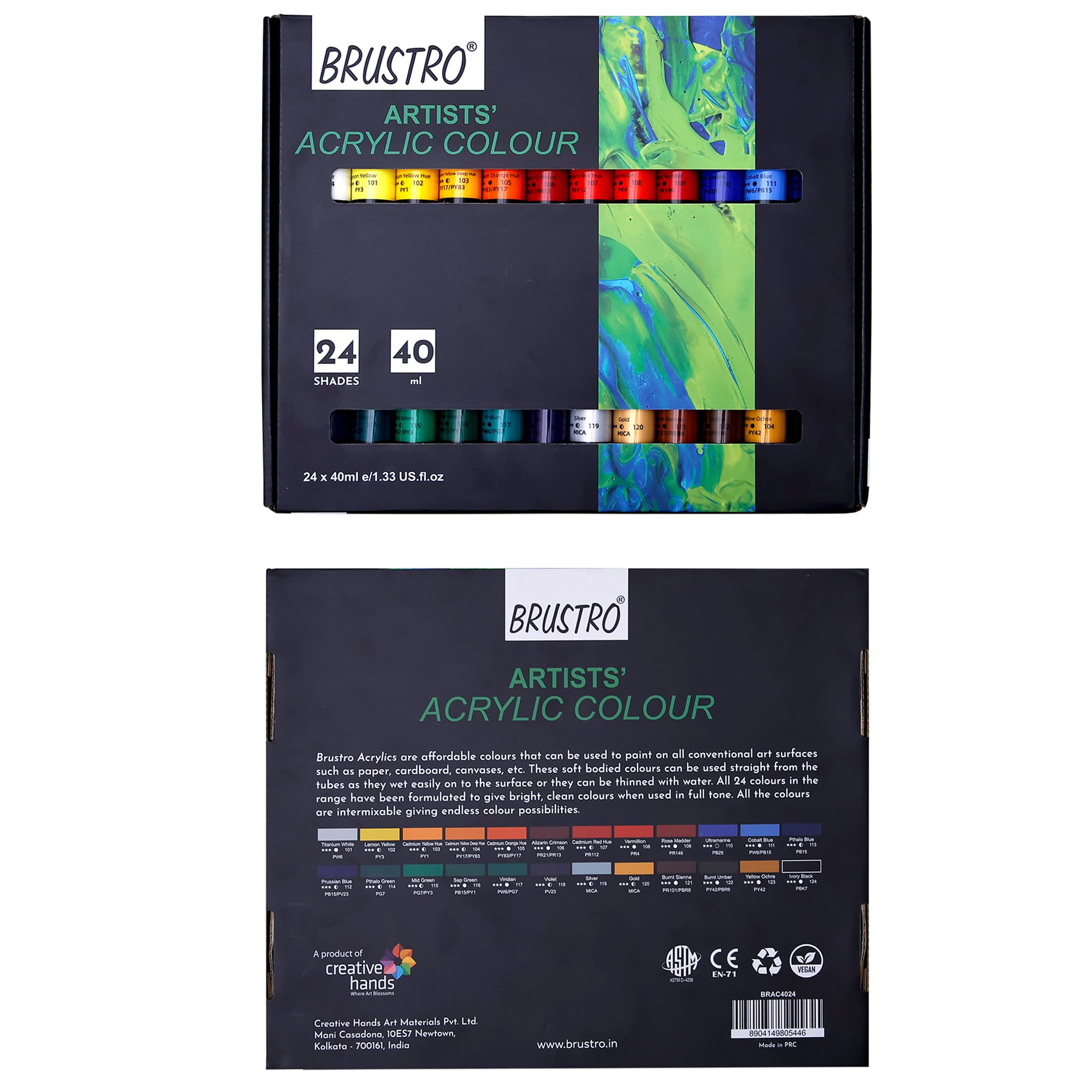 BRUSTRO Künstler-Acrylfarbe, Set mit 24 Stück, 40 ml Farbtuben, lebendige Farbtöne, weicher Körper, auf Wasserbasis, ungiftig, miteinander mischbar, ideal für Papier, Leinwand, Karton, Kunststudenten,