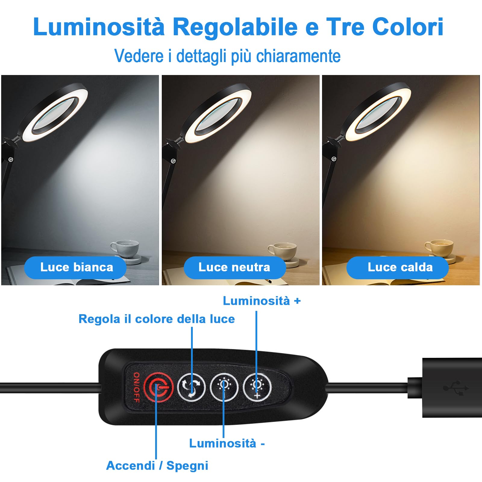 Lupa con Luz y Soporte, 10X Lupa LED con Lente de Vidrio, Lámpara Lupa con Pinza de Mesa, 3 Modos de Color 10 Niveles de Brillo, para Reparaciones, Lectura, Manualidades, Diamond Painting