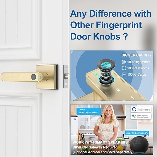 Miniatura 5 de Cerradura de puerta de huellas dactilares, perilla de puerta 5 en 1 con aplicación inteligente, huella dactilar, tarjetas ICcontraseñallaves de