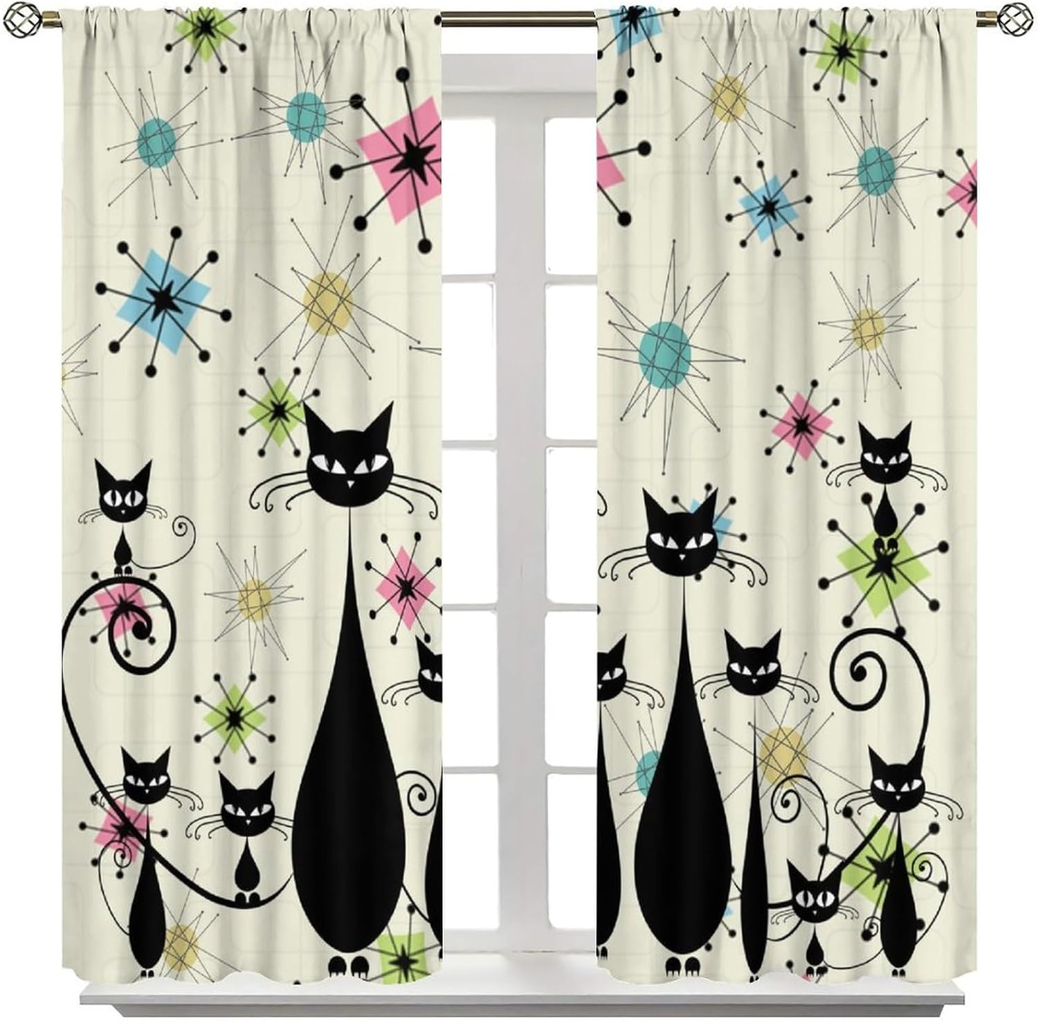 Mid Century Cat Curtains, Abstract Atomic Starburst Funny Animal Modern Art Print Window Treatment for Kitchen Dinning Room Living Room Bedroom Drapes, 42x45 Inch