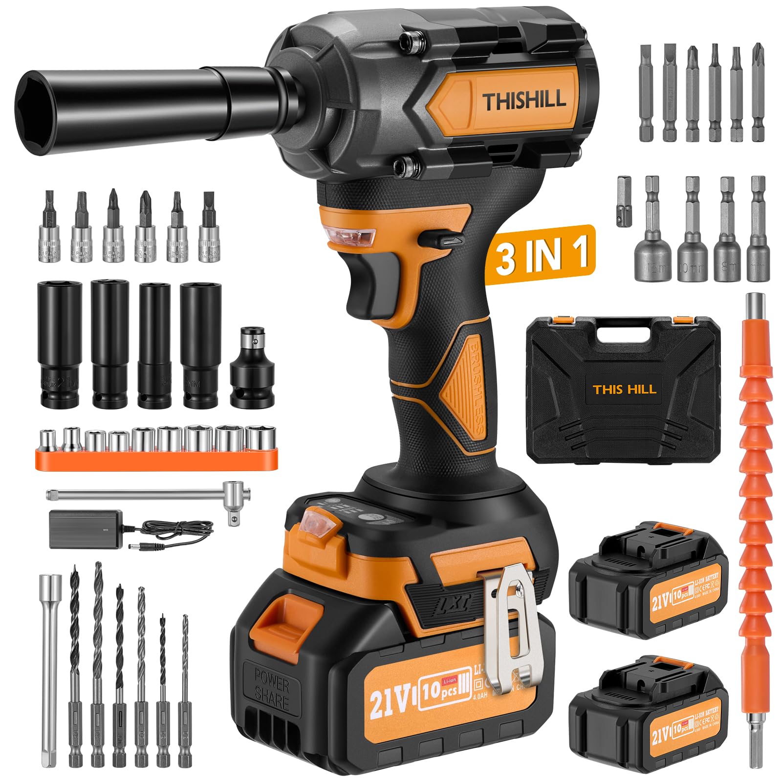 Impact (インパクト) 2BA This Hill 45PCS Brushless Impact Wrench, 1/2 Inch Cordless lmpact