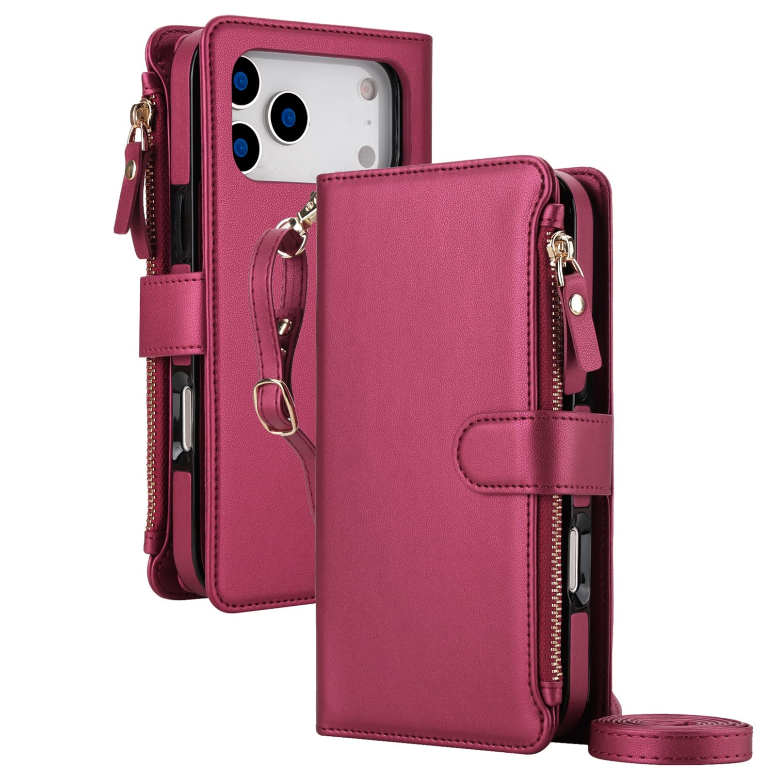 FDUJINH Wallet Case for Iphone 17 Pro Max/17 Pro/17 Air/17, High Capacity Flip Leather Cover Magnetic Detachable Crossbody Strap Shell,Red,17 Pro Max