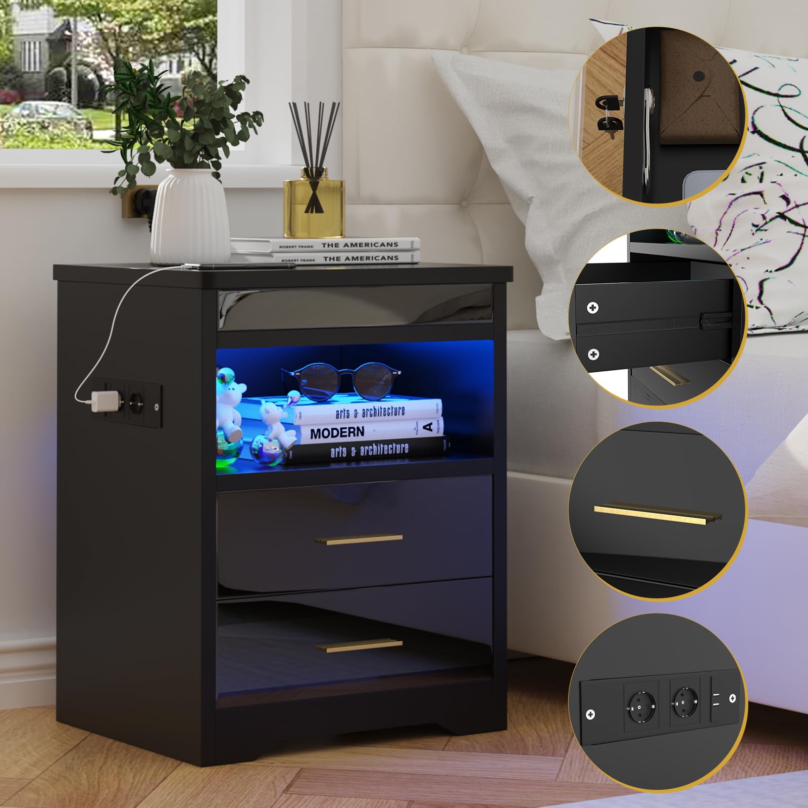 Comodino con presa e illuminazione a LED, comodino con serratura di sicurezza e mobile scorrevole nascosto con 2 cassetti, per soggiorno, camera da letto, nero