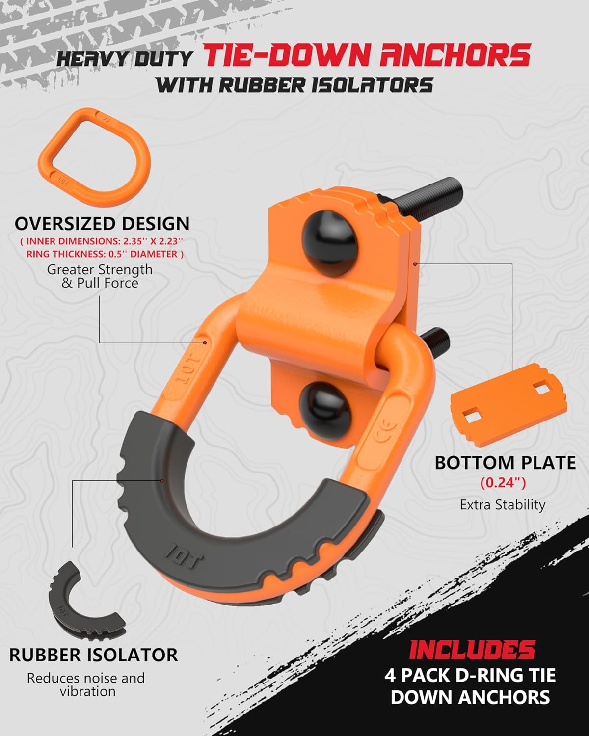D-Ring Tie Down Anchors with Rubber Isolators, 4 Pack Heavy Duty 10 Ton Capacity Carbon Steel, Bolt-On with Mounting Hardware, Zinc & Powder Coated for Trailer, Truck, Pickup, Garage-Orange - Image 2