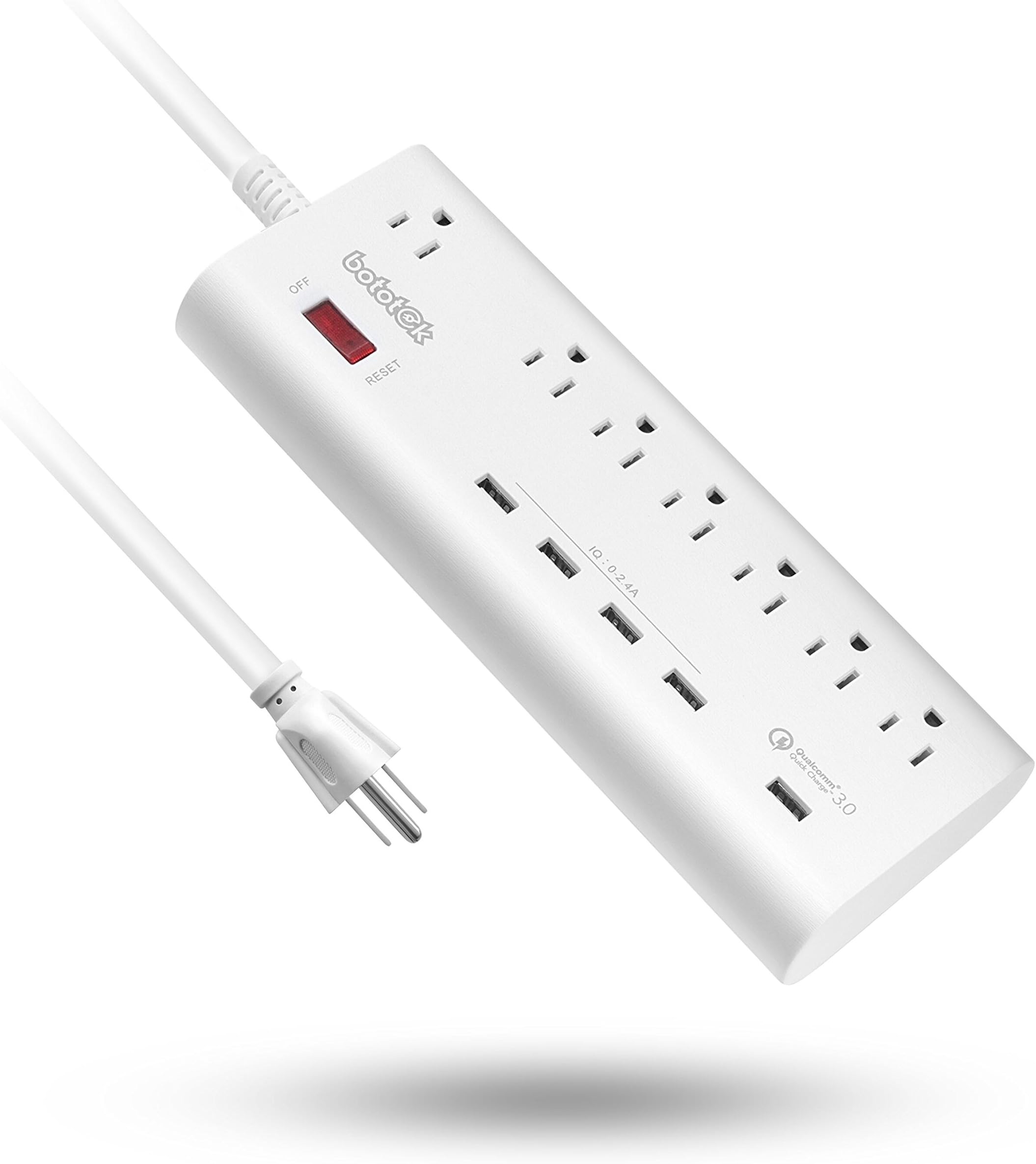 QC 3.0 Mountable Power Strip with 7 AC Outlets, 5 smart USB Charging ports (1650W/13A) and 6ft Cord, Surge Protectorfor Power Strip for smart phones & tablets, White
