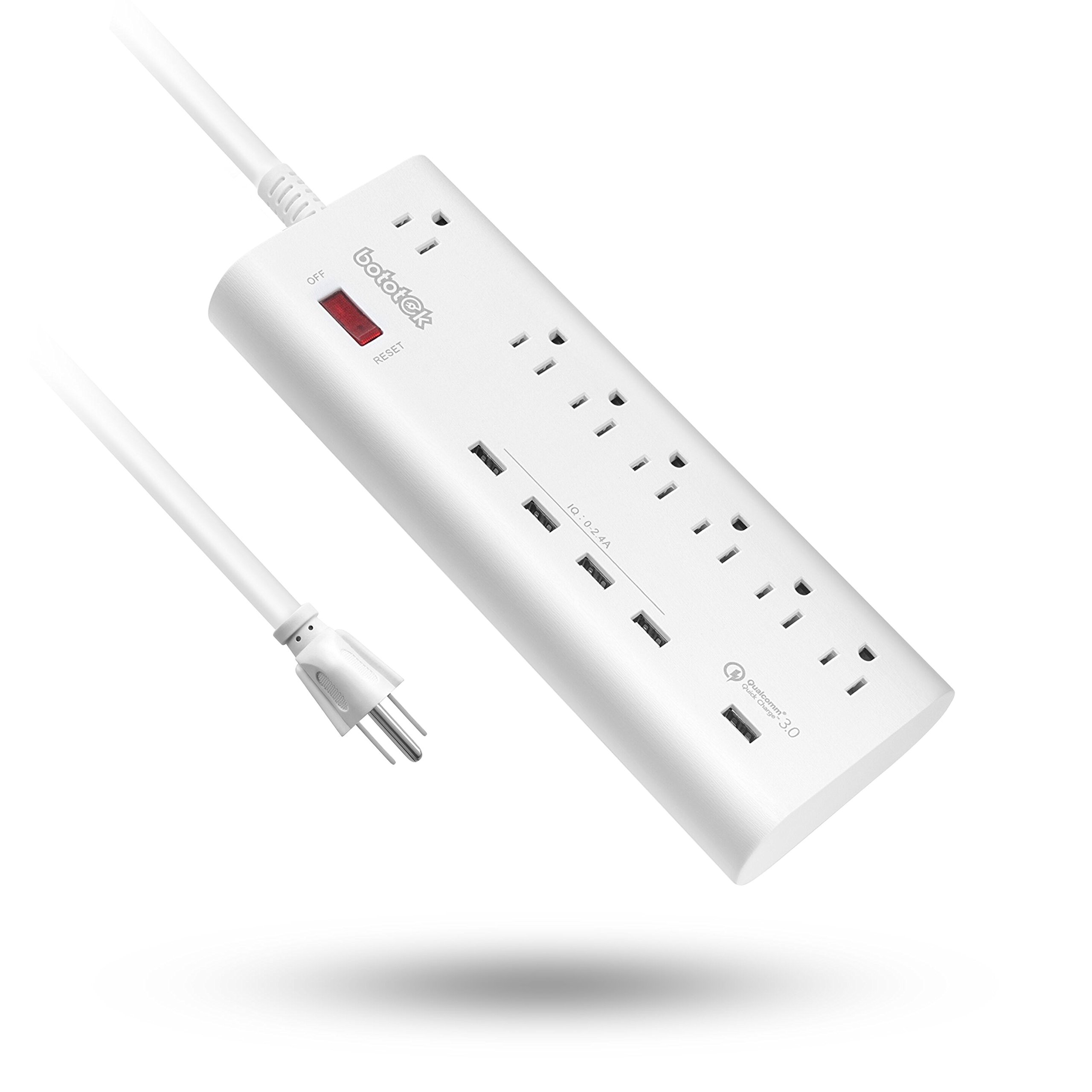 QC 3.0 Mountable Power Strip with 7 AC Outlets, 5 smart USB Charging ports (1650W/13A) and 6ft Cord, Surge Protectorfor Power Strip for smart phones & tablets, White