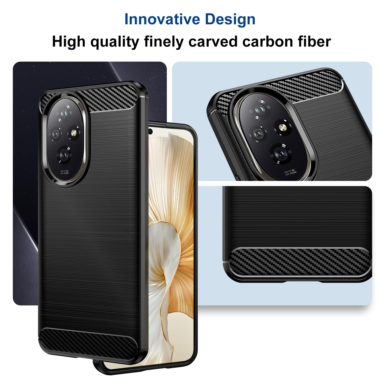Qiinogow Case Compatible with Honor 200, Slim Fit Phone Cover with Shock-Absorption, Carbon Fiber TPU Rubber Protective Case, Black - Image 3