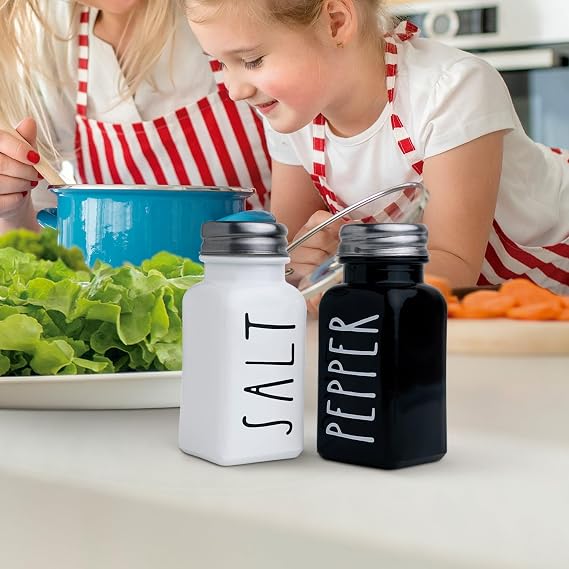 Farmhouse Salt and Pepper Shakers Set, A Cute Premium Glass Shakers with Holder and Stainless Steel Lids, Perfect for Adding a Vintage Kitchen Decor Charm, Great as a Gift (Black & White)
