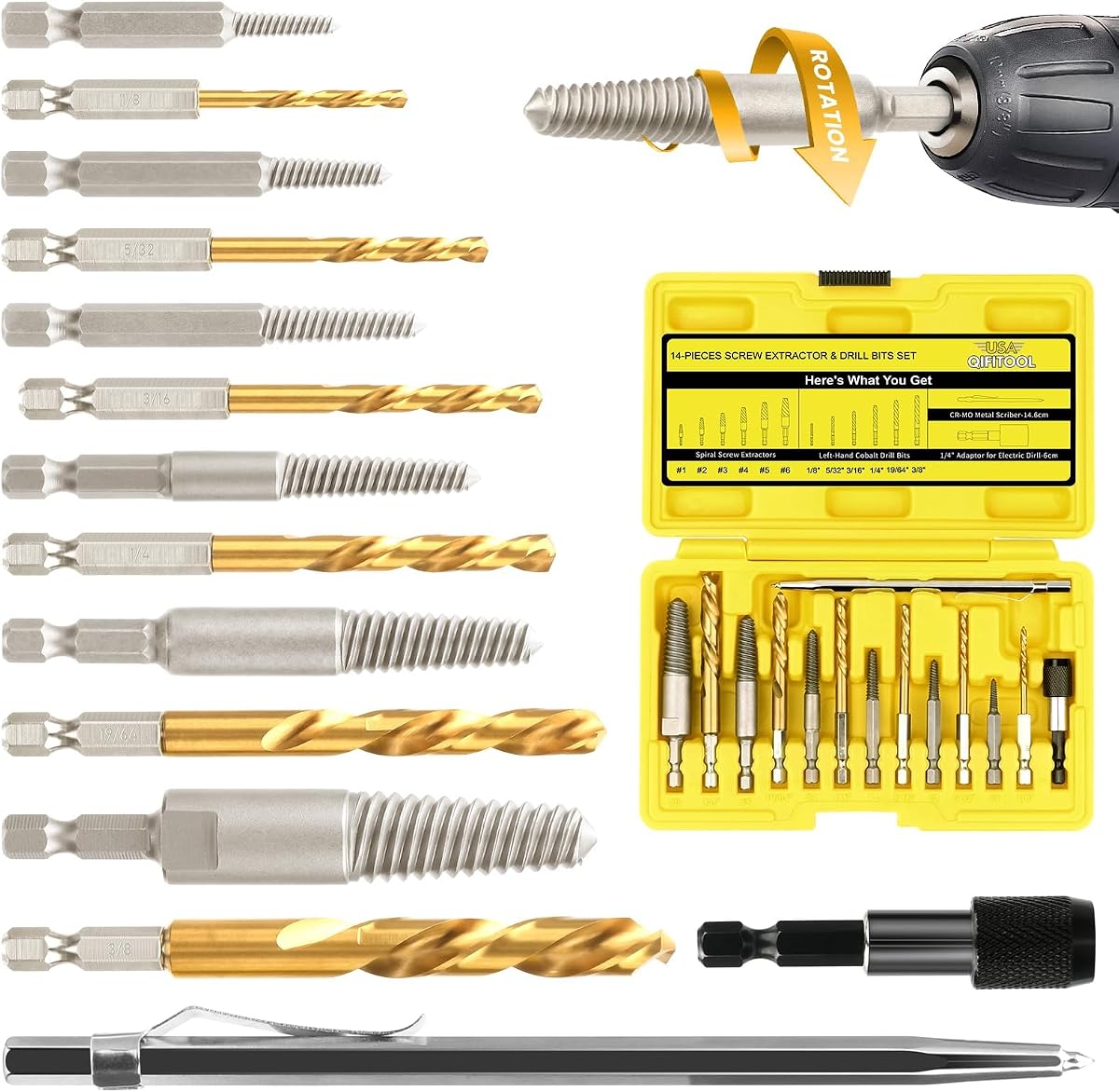 14-Pieces Screw Extractor and Left-Hand Drill Bit Set, Easy Out Broken Bolt Remover Reverse Cobalt HSS Steel Drill Kit, Ez Out Stripped, Rounded-Off, Damaged Bolts, Screws&Studs Removal Tool(Yellow)