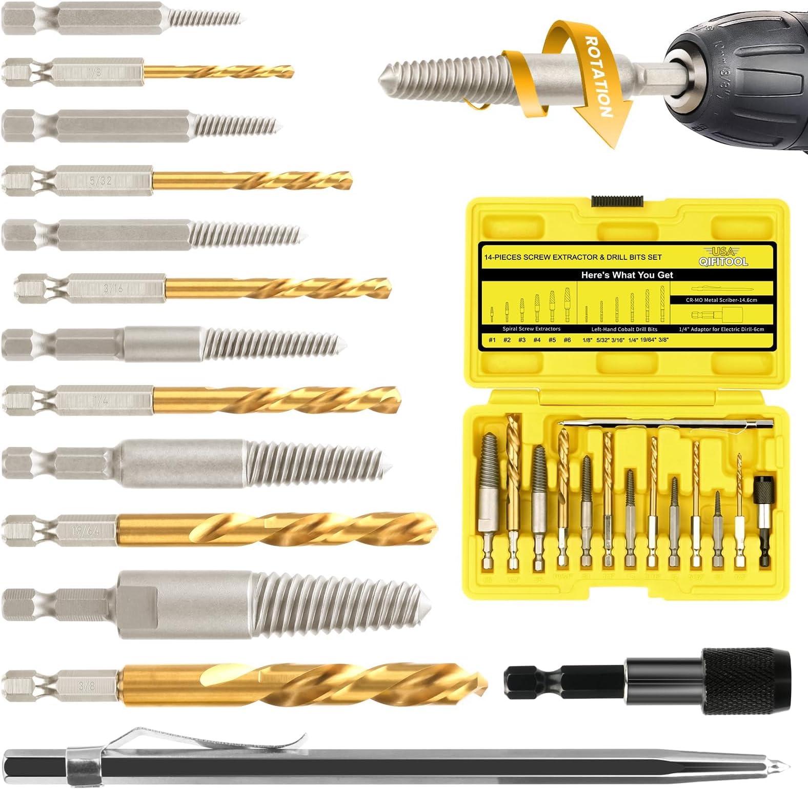 14-Pieces Screw Extractor and Left-Hand Drill Bit Set, Easy Out Broken Bolt Remover Reverse Cobalt HSS Steel Drill Kit, Ez Out Stripped, Rounded-Off, Damaged Bolts, Screws&Studs Removal Tool(Yellow)
