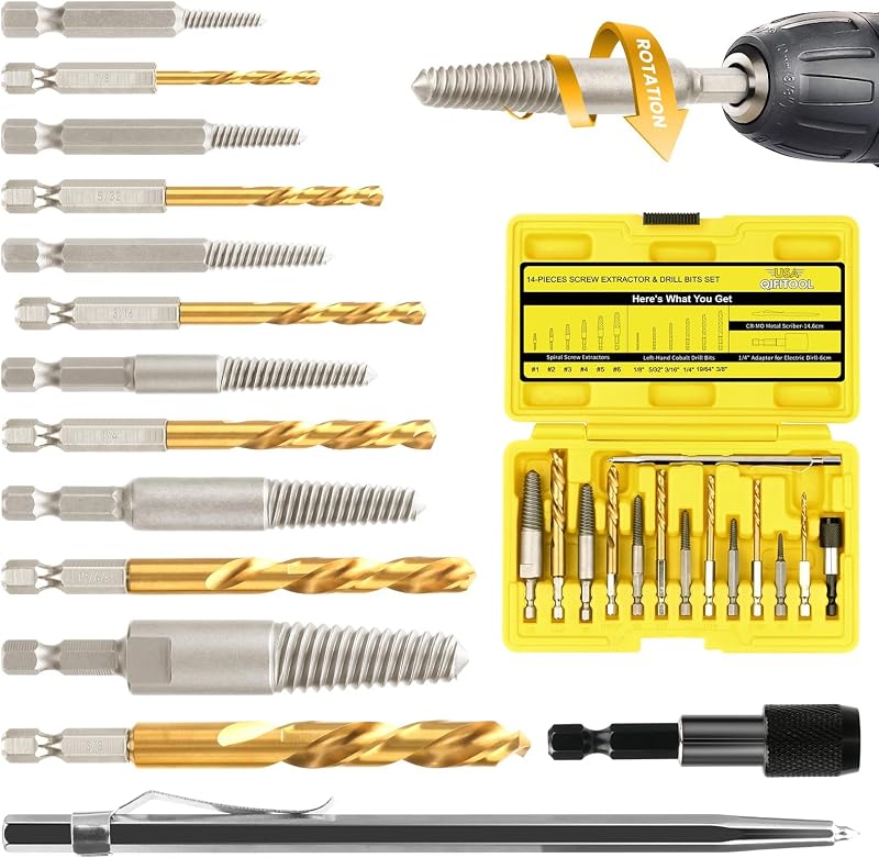 14-Pieces Screw Extractor and Left-Hand Drill Bit Set, Easy Out Broken Bolt Remover Reverse Cobalt HSS Steel Drill Kit, Ez Out Stripped, Rounded-Off, Damaged Bolts, Screws&Studs Removal Tool(Yellow)