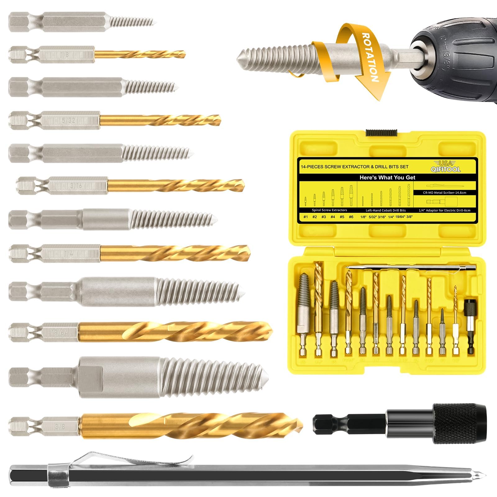 Photo 1 of 14-Pieces Screw Extractor and Left-Hand Drill Bit Set, Easy Out Broken Bolt Remover Reverse Cobalt HSS Steel Drill Kit, Ez Out Stripped, Rounded-Off, Damaged Bolts, Screws&Studs Removal Tool(Yellow)