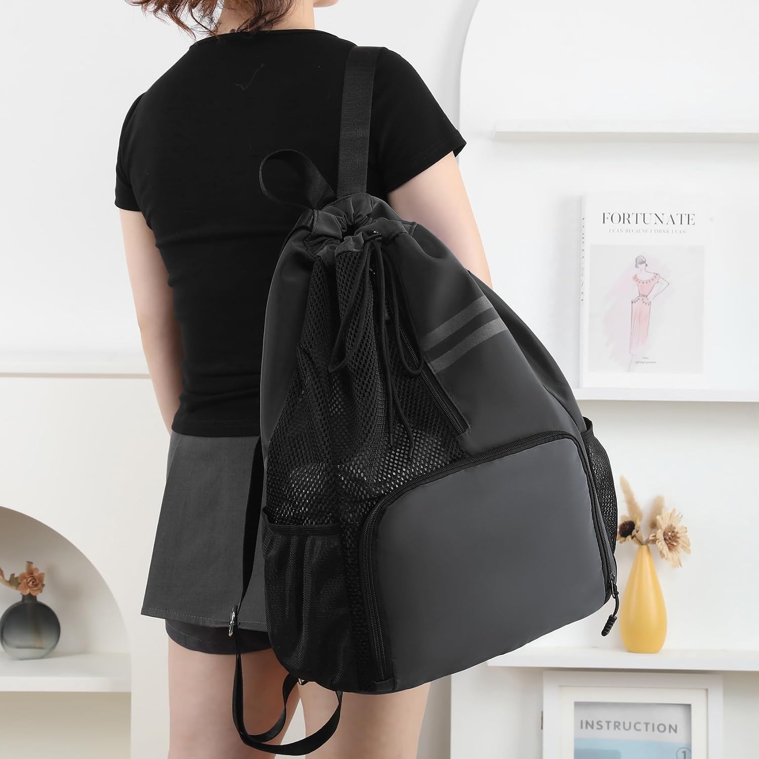 Valleycomfy Unisex Drawstring Gym Bag Sport Backpack With Reflective Strips