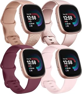 TEWIN Bands Compatible With Fitbit Versa 3 / Fitbit Sense / Fitbit Versa 4 / Fitbit Sense2, Soft Silicone Sports Bands Replacement Straps Wristbands Accessories for Men Women (Small, Pink+Wine Red+Rose Gold+Shine Rose Gold)