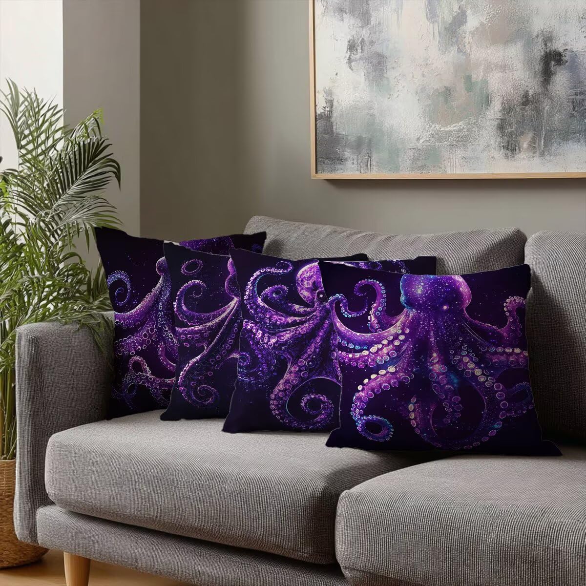 Federe Cuscini Divano 60x60 cm, Viola Cuscini per Divano, Velluto Federe Cuscino Letto Impermeabili Set da 4, Copricuscini Polpo Motivo con Cerniera Invisibile Design per Sofá, Regalo Donna G-25