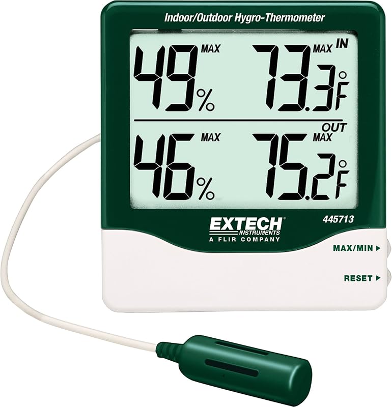 Extech 445713 Big Digit Indoor Outdoor Hygro-Thermometer, Remote Probe | Indoor/outdoor temp and humidity, remote probe, MIN/MAX, comfort icons, wall or desk mount