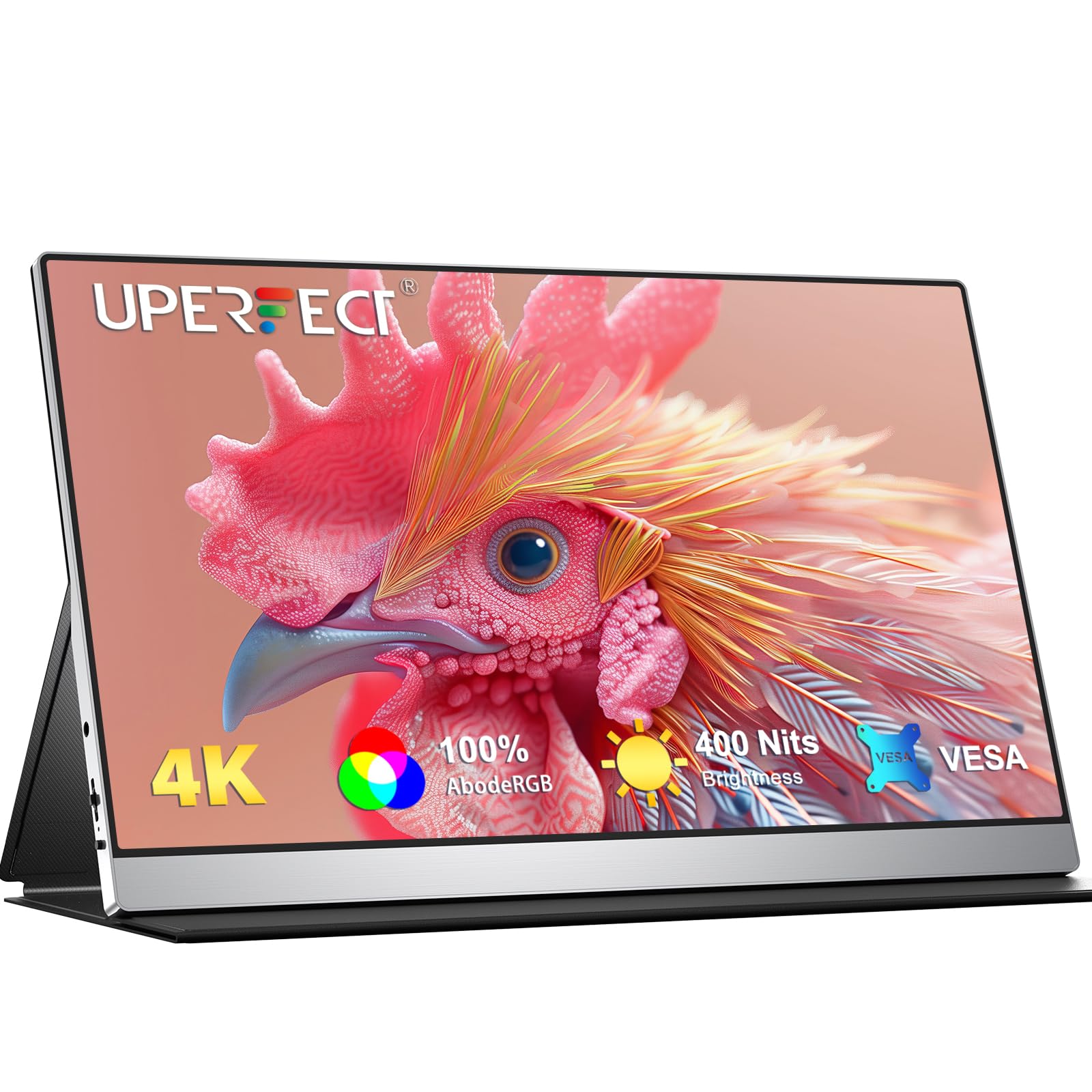 UPERFECT portable monitor displaying a high-resolution 4K image with details on IPS viewing angle, 3840x2160 resolution, and 1200:1 contrast ratio.