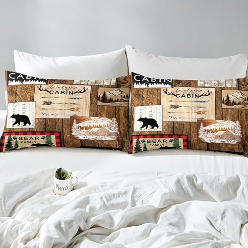 Miniatura 5 de Juego de ropa de cama rústica de retazos, tamaño individual, funda de edredón de cabaña campestre para niños, adolescentes y adultos, a cuadros, oso