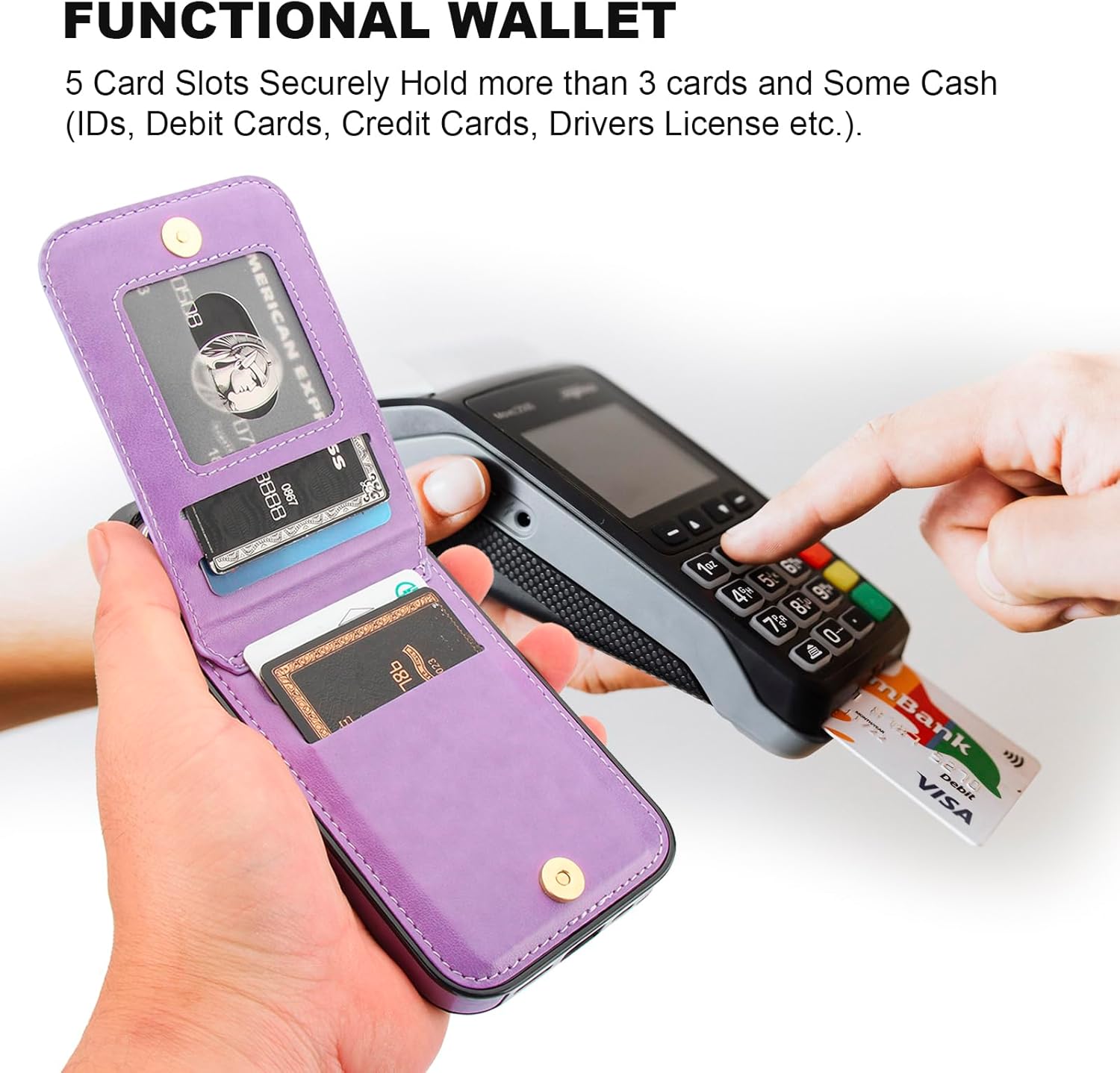 KIHUWEY for iPhone 13 Pro Case Wallet with Credit Card Holder, 360° Rotation Ring PU Leather Magnetic Clasp Kickstand Heavy Duty Protective Cover for Women and Men 6.1 Inch (Purple) - Image 5