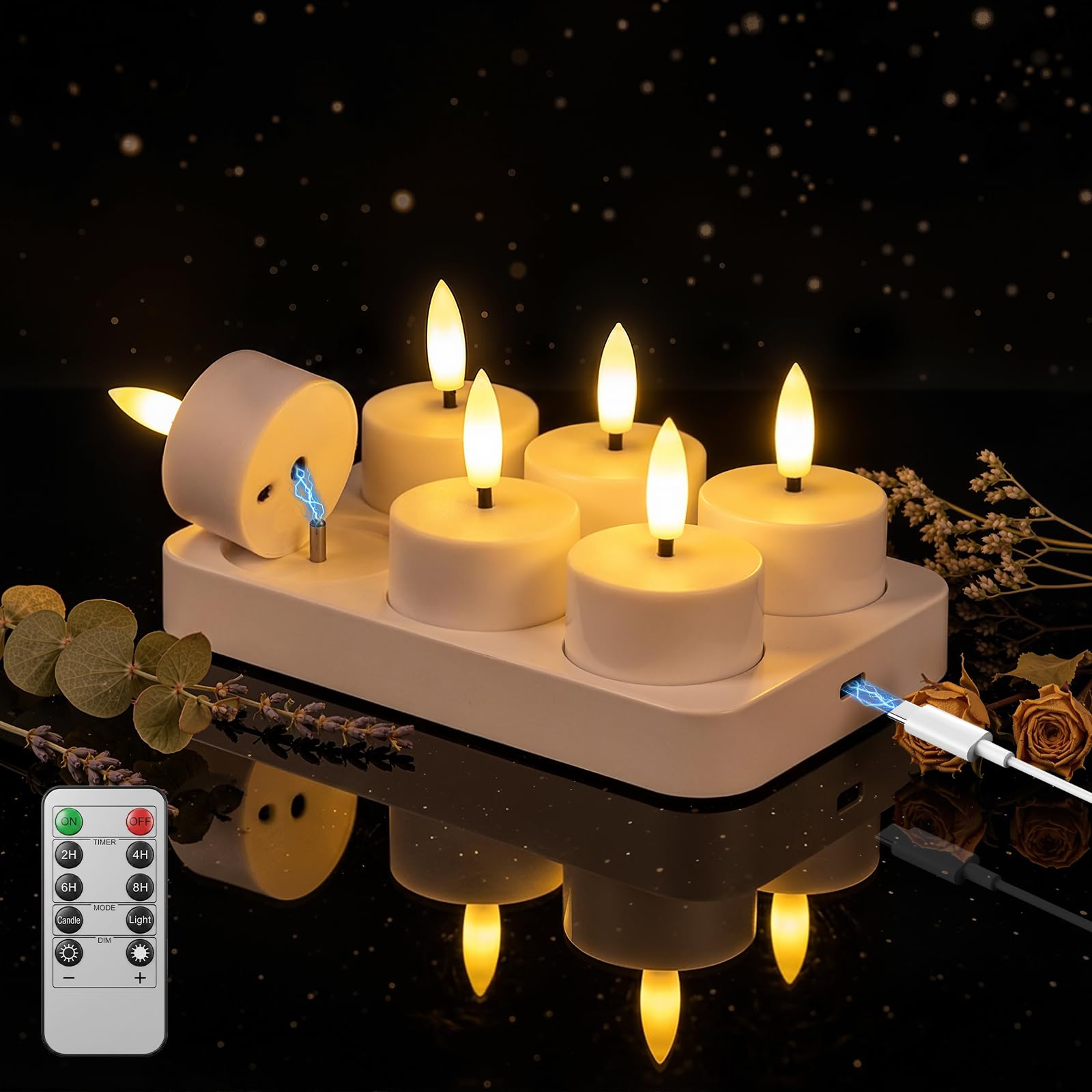 Ketom LED Teelichter mit Timer, Elektrische Teelichter Aufladbar, 6 Stück | Flammenlose LED Teelichter mit Fernbedienung und Ladestation, Dimmbar, Timer, Warmweiß, für Party Home Halloween Decoration