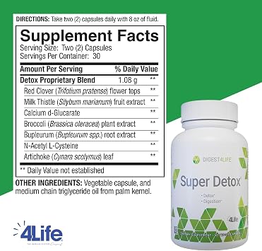 4Life - Digest4Life Super Detox - Liver Supplement with Milk Thistle, Red Clover, Artichoke, NAC, Calcium, D Glucarate, Supports Detox Health - 60 Veggie Capsules
