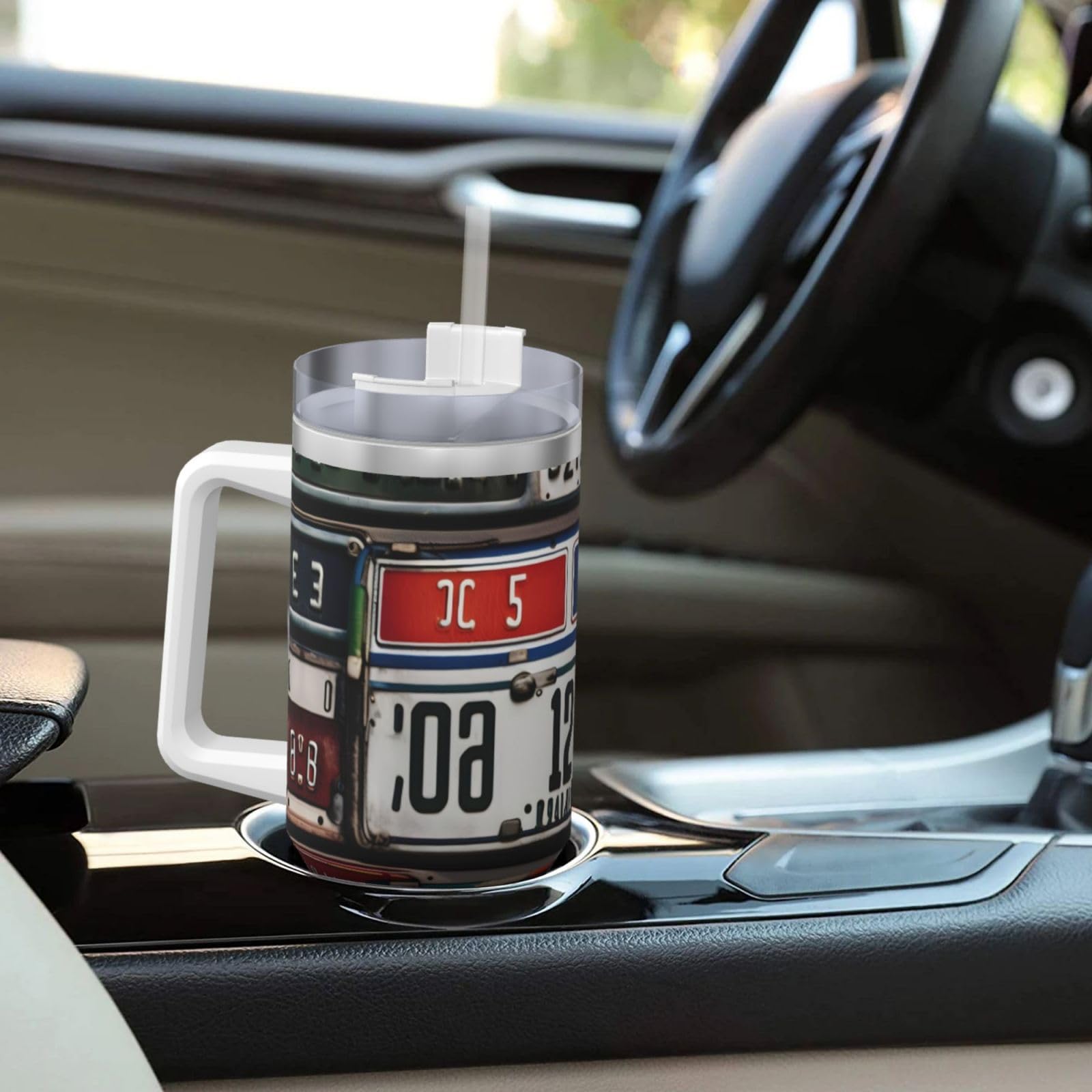 Trinkflasche mit altem Nummernschild, Edelstahl, doppelwandig, isoliert, mit Griff und Strohhalm-Deckel, 1,2 l