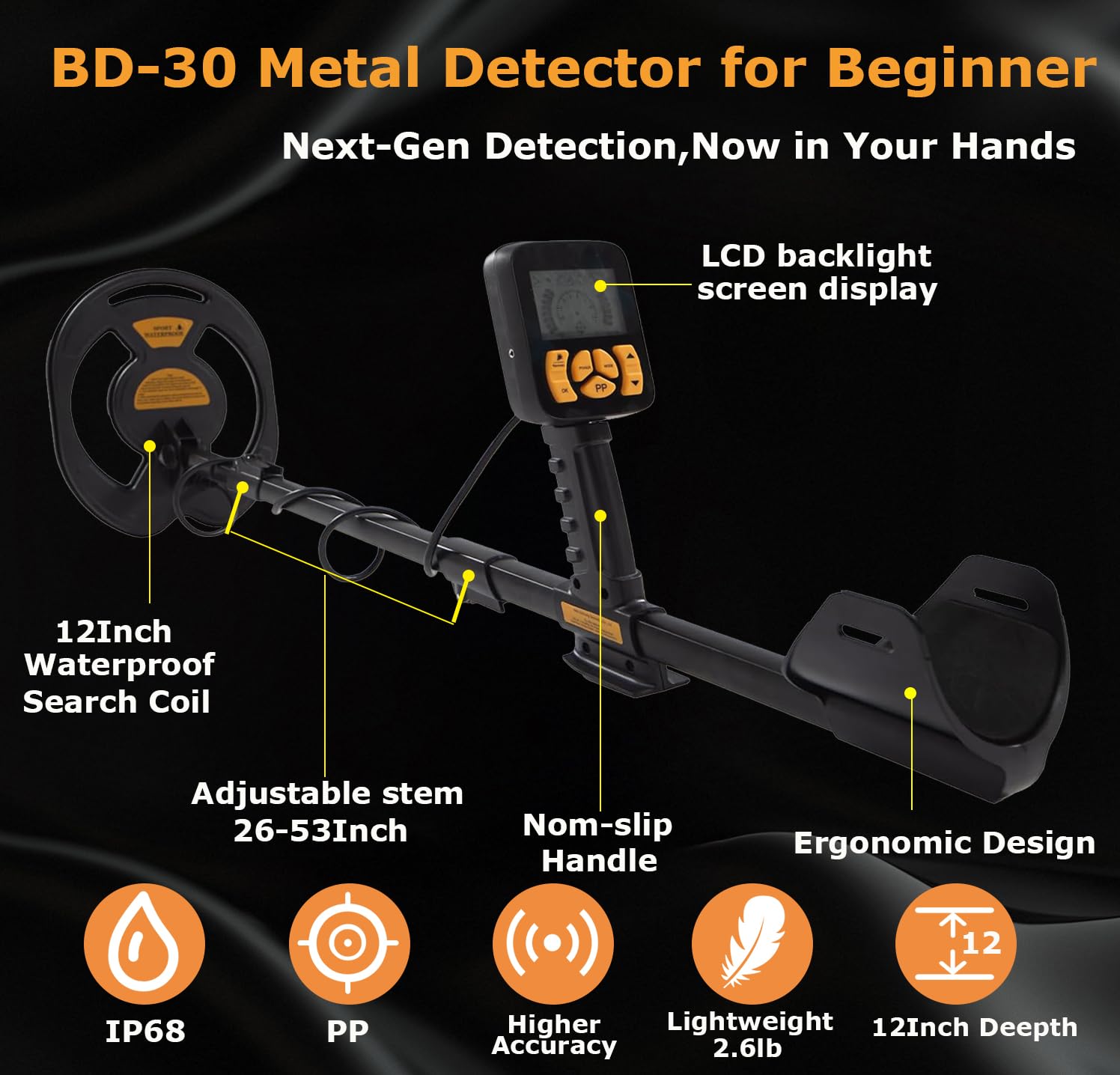 Professional Metal Detector for Adults,12-inch Detection Depth Beach Metal Detector with 12-inch IP68 Waterproof DD Coil,DISC & PP Mode,LCD Backlight Display Gold Detectors Including Pinpointer