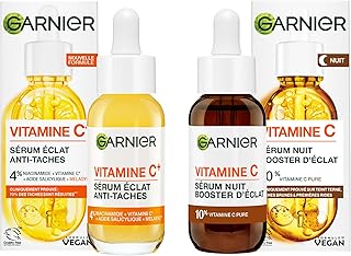Garnier Skin Active – Set mit Antiflecken braunen Flecken + Glanzserum für Nacht – Gesichtspflege angereichert mit Vitamin C – Vegan & Cruelty Free – für alle Hauttypen – 2 x 30 ml
