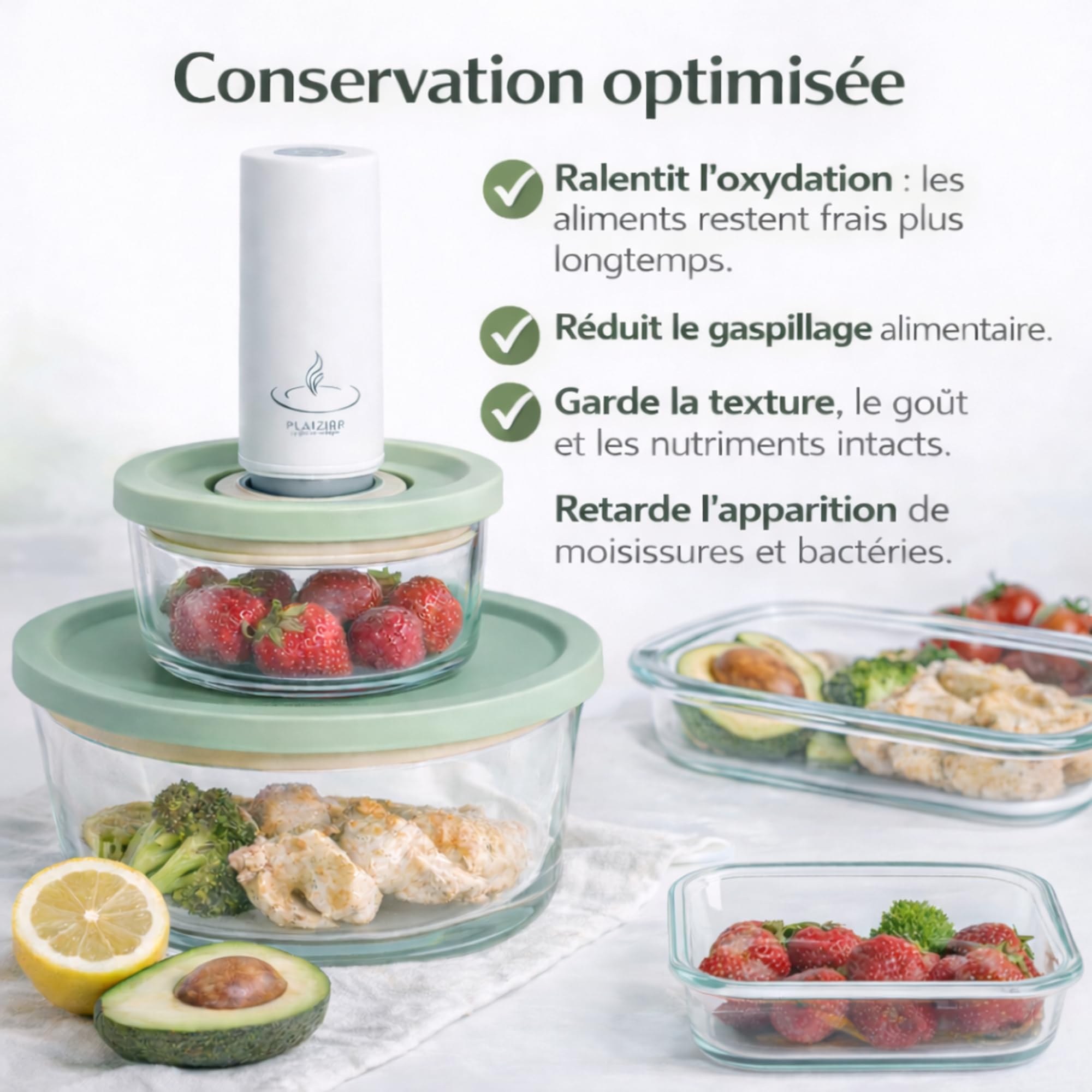 Kit sous vide alimentaire avec pompe rechargeable sans fil | 4 boîtes hermétiques en verre, Sans BPA, 240ml, 450ml, 800ml, 810ml, Idéal meal prep