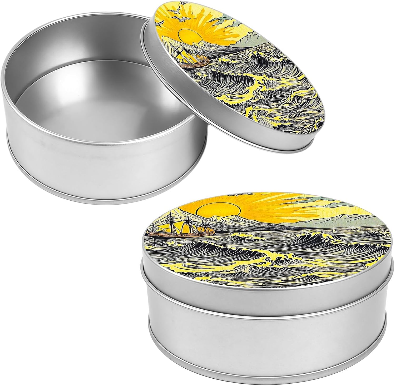 Tin Containers with Lids 3.54 * 1.38 In, Round Metal Tins for Gift & Holiday Purpose Tin Storage Containers for Crafts, Accessories, Sewing Supplies, Small Items - Sunset Waves