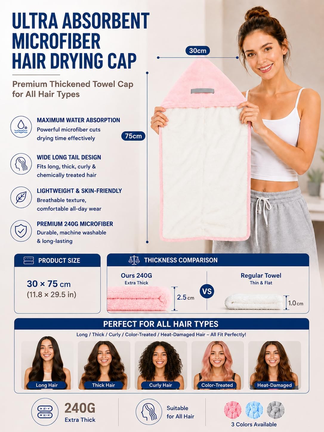 Microfiber Hair Towel Thickened Double-Layer Hair Drying Towels for Women Soft Lightweight Quick Dry Turban for Curly Long Hair (Pink)