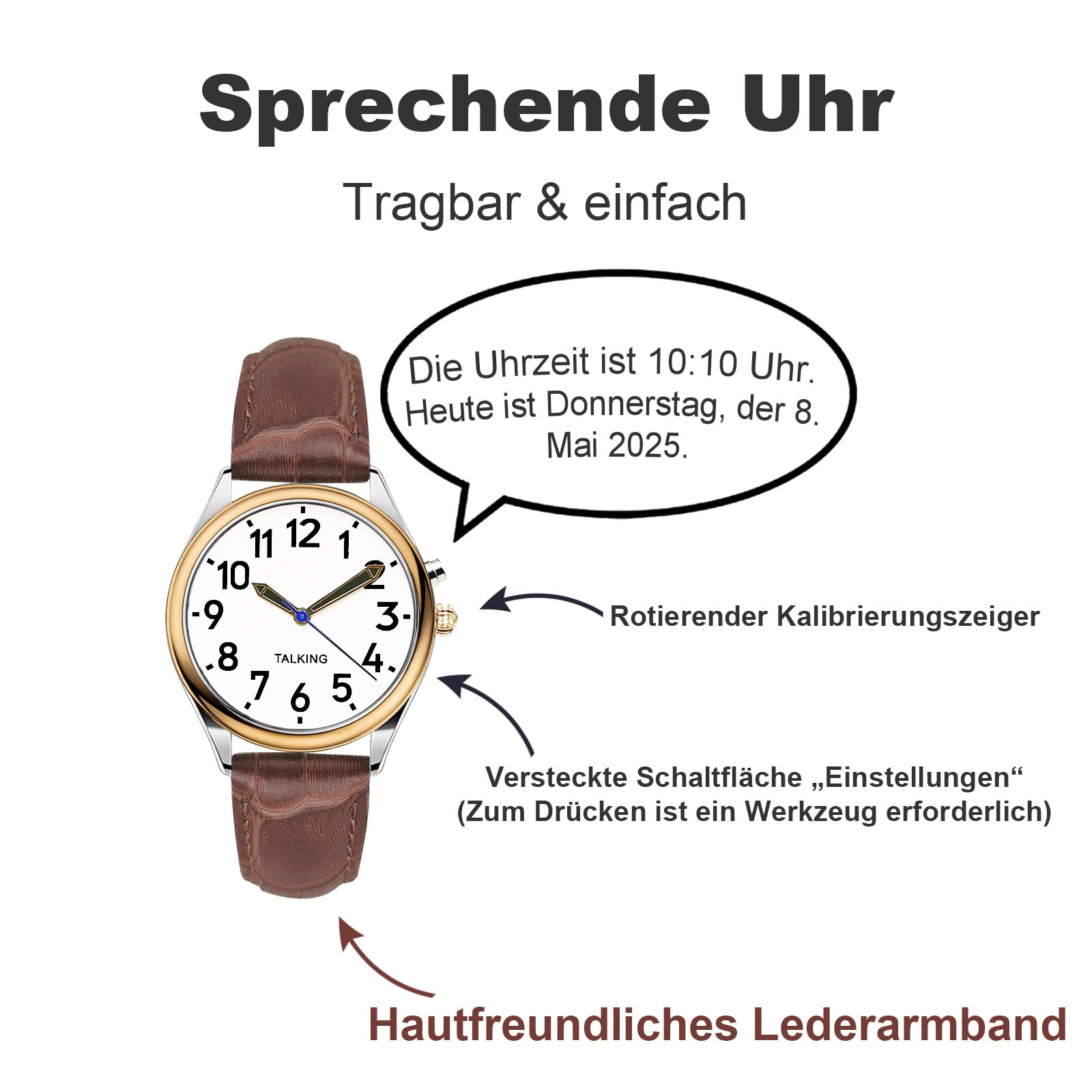 Sprechende Uhr für Damen für Blinde Senioren mit Sehbehinderung, Laute und klare Stimme,Spricht Deutsch