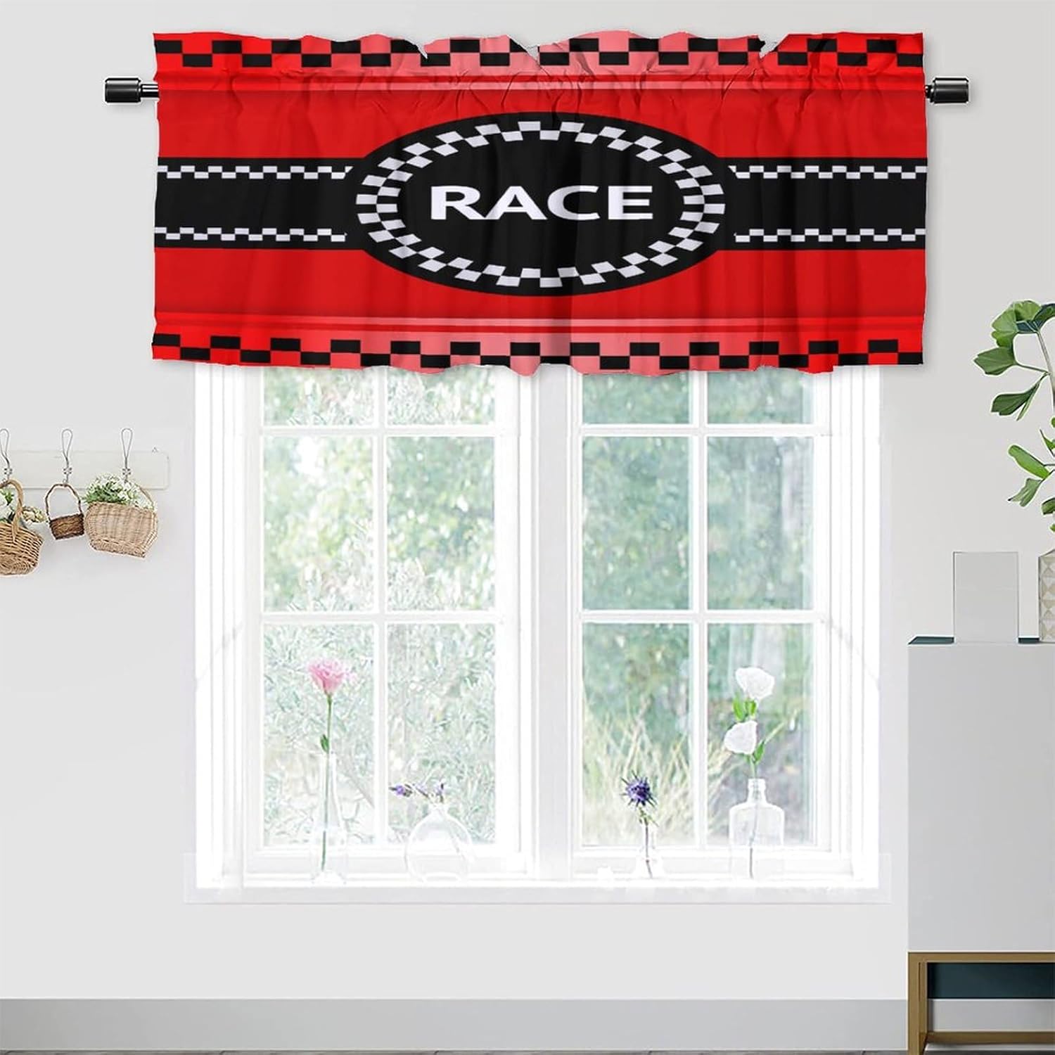 Sports Theme Racing Car Flag Blackout Curtain Valances,Race Car Red Black Plaid Checked Flag Rod Pocket Curtain Window Valances for Kitchen Windows 54x18inch（2Pcs）