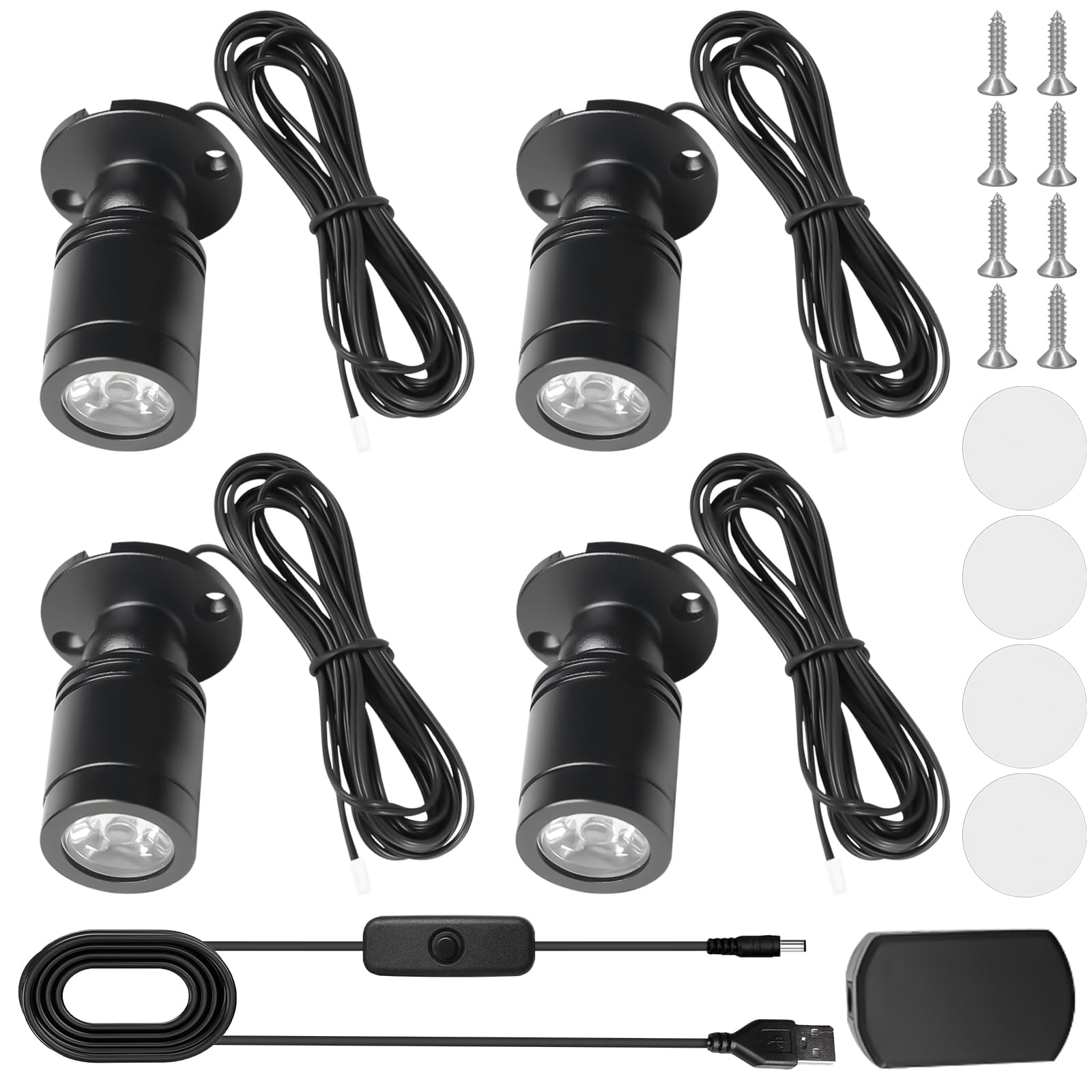 Aicharynic 4 unidades de mini focos, mini focos, pequeño acento, juego de luz blanca cálida, 3000 K, USB 5 V, foco de punto giratorio 360° para vitrinas, armarios y decoración