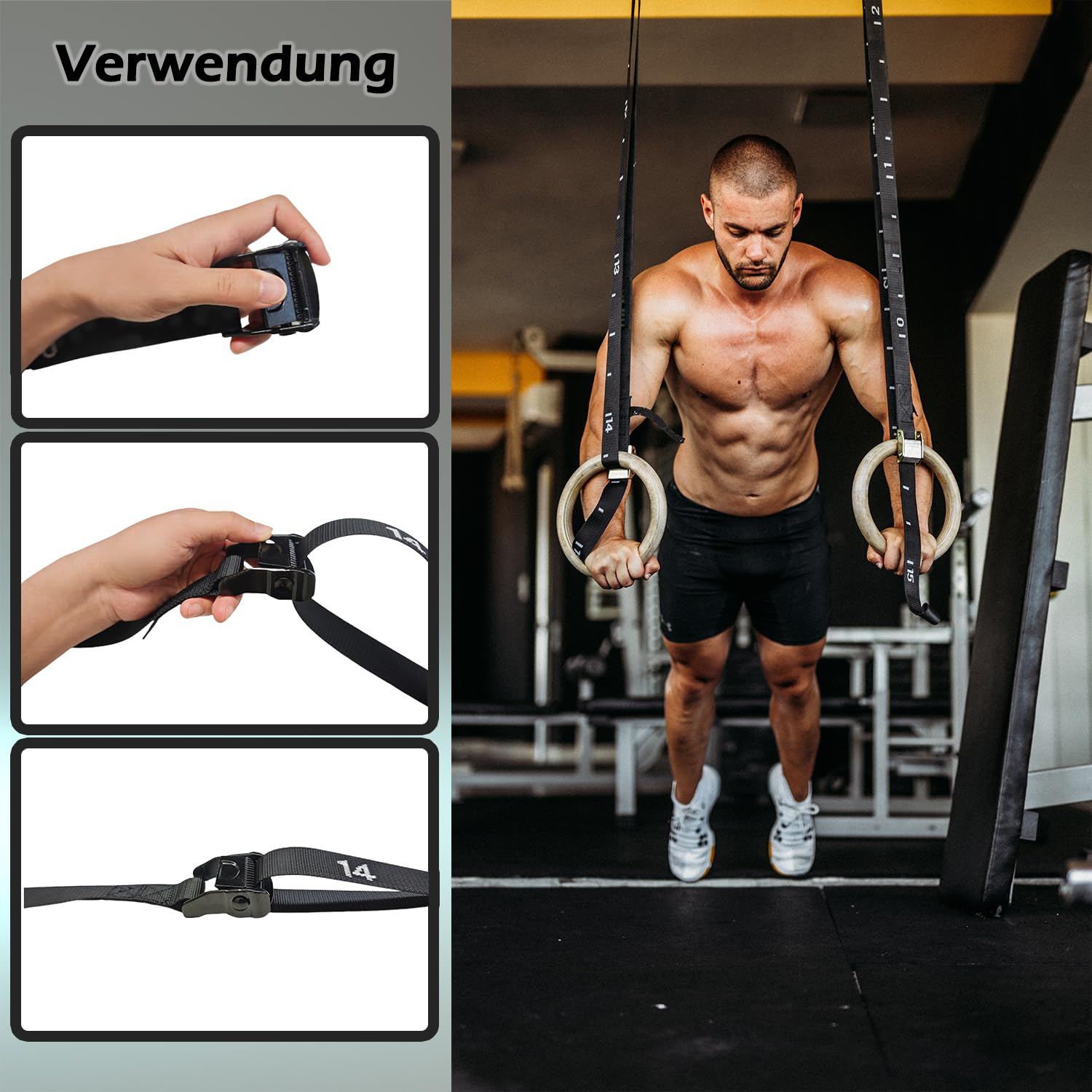 Turnringe Holz Gym Rings, Gymnastikringe mit Verstellbaren Buckle Straps und Markierungen aus Metall, Calisthenics Ringe für Erwachsene Kinder Indoor Outdoor