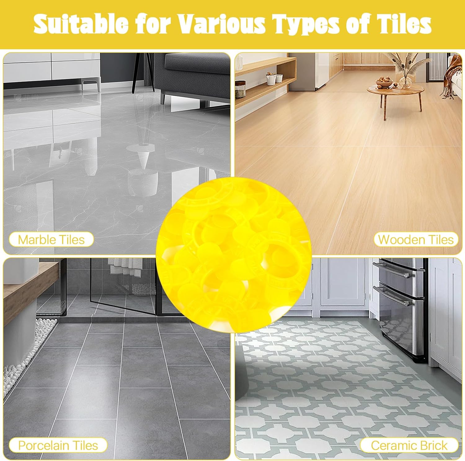 200 Pcs 6-in-1 Hexagon Tile Spacers 1–5mm Reusable Large 2.64 inch Plastic Tile Leveling Shims, Colour Coded Gap Clips for Wall & Floor Tiling, Fast Removal (Yellow)
